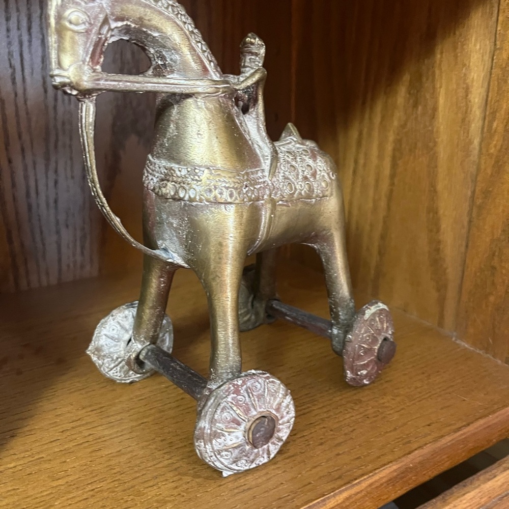 Antique Brass Horse Figurine on Wheels